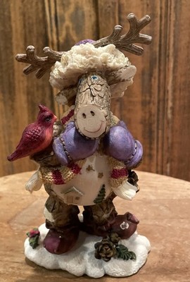 Standing Brown 7  Log Faced Humor Wild Moose Figurine w Bird  Vintage Resin Body