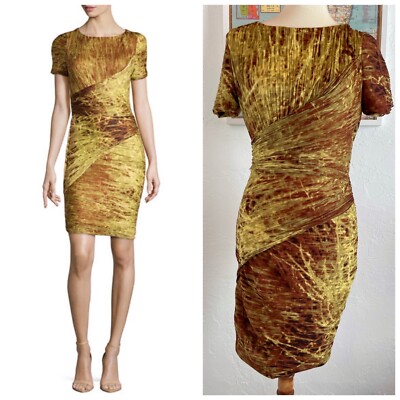 Halston Heritage Ruched Paneled Abstract Print Jersey Dress