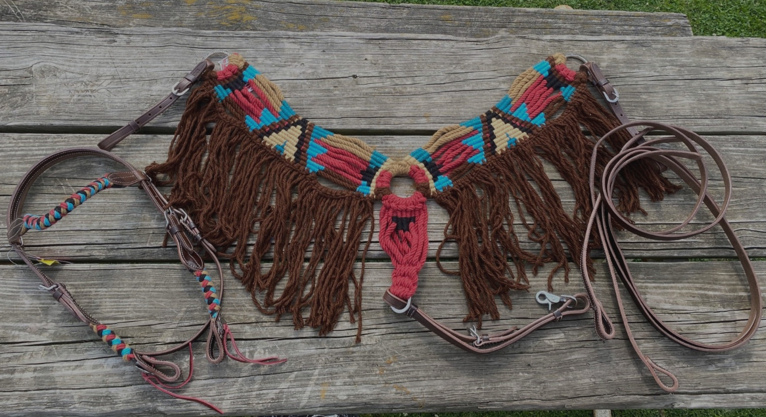 Showman Desert Blaze mohair string fringed Western breast collar/headstall set