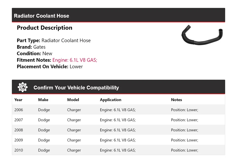 适用于 2006 - 2010 道奇充电器 6.1L V8 气体散热器冷却液软管下门 2007 — 第 2/4 张图片