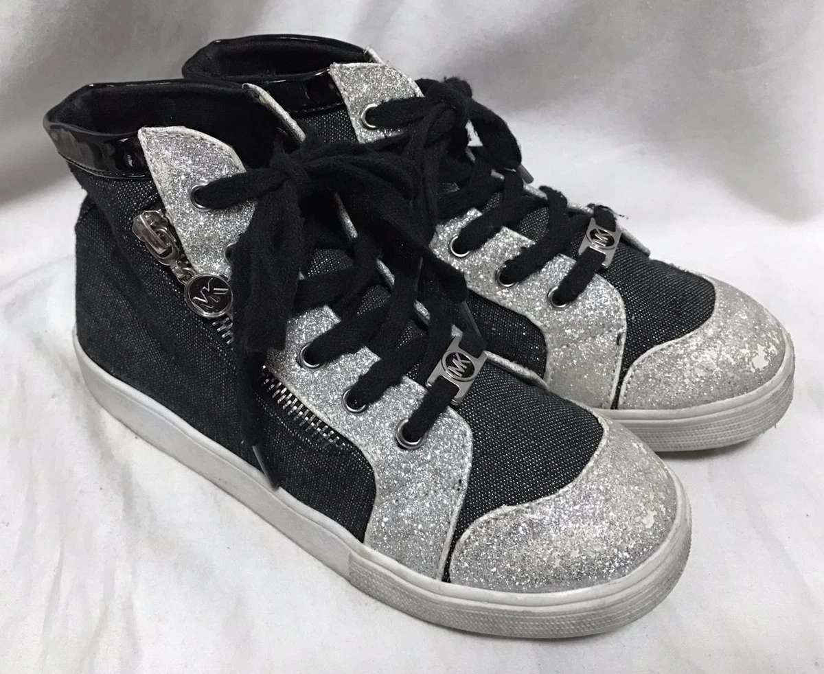 Michael Kors Malaga High Tops Sneakers Youth Girls 2 Black Silver Glitters Shoes