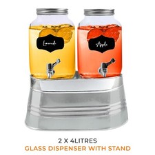 2 x 4 Litre Glass Beverage Drinks Dispenser Jug Jar Lid Juice Cocktail BBQ Party