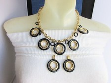 Dramatic Black Golden Acrylic Circle Dangles Chain 18" Necklace Earrings Set
