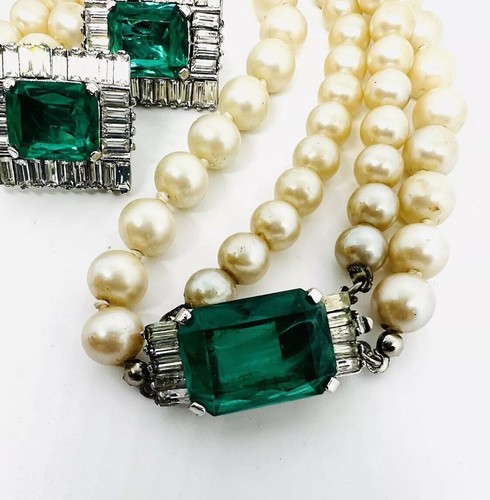 VENDOME Difetto Verde Gripoix Vetro Finta Perla Collana Orecchini Vintage Gioielli - Foto 6 di 10