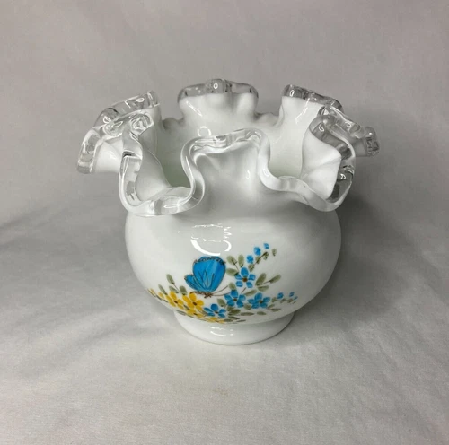 Vintage Fenton Silver Crest Vase 4" Blue Yellow Butterflies Signed Hand Painted
