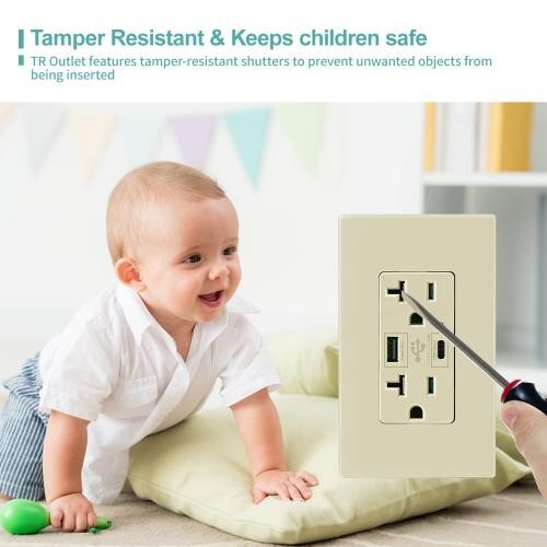 10Pack 4.8A USB C Outlet PD 24W 125 Volt, 20 Amp Tamper-Resistant Outlet 