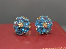 Unique 9.5ct Heart Cut Blue Topaz Halo  Diamond Earrings - 14K Yellow Gold
