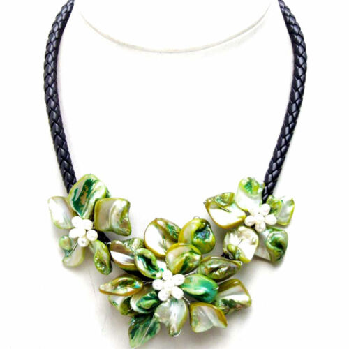 Baroque Green Shell Flower Pendant Necklace for Women with Pearl Black Rope 18'' - Picture 1 of 17