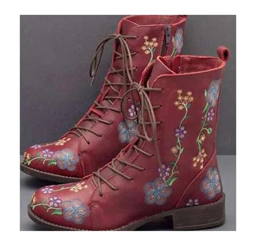 NEW Woman's Fashion Embroidered Flower Vintage Boho Lace Up Ankle Boots/ - Picture 11 of 18