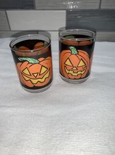 VTG Halloween Glass Votive Candle Holders Pumpkins Set Of 2 Made In USA.