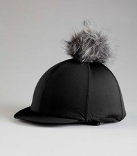 Premier Equine PEI Jersey Hat Silk/helmet cover with faux fur pom pom black  Pre