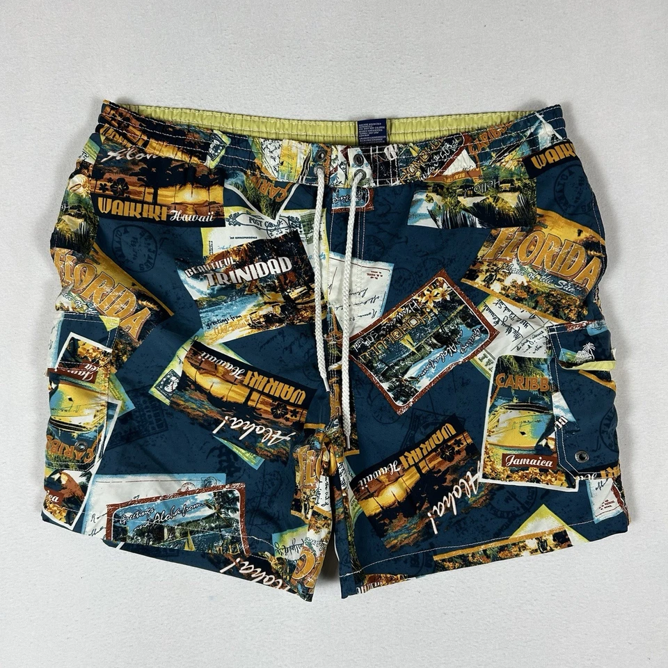 Caribbean Joe Swim Trunks Men's XXL All Over Print Hawaiian Drawstring Pockets - Image 2 of 4