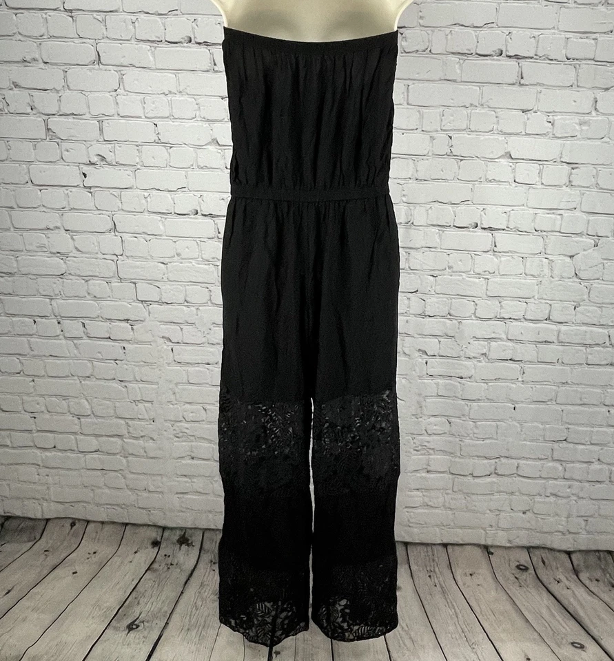 BECCA Black Strapless Wide Leg Lace Lightweight Jumper Pockets Size Medium M - Imagem 2 de 4