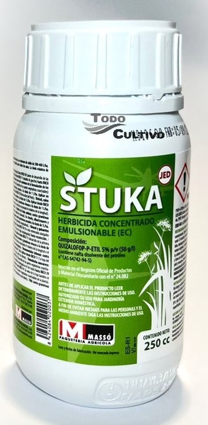 Herbicida para hierba de hoja estrecha stuka quizalofop-p-etil 5% Envase 250 ml.
