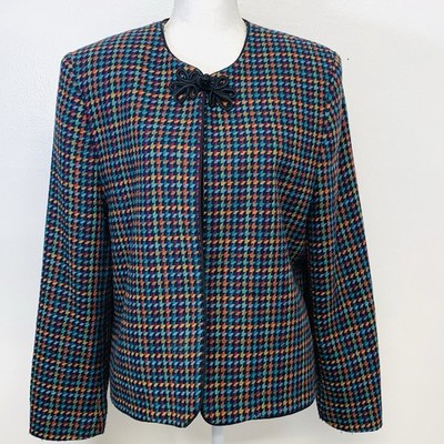 Vtg Liz Baker Blazer Jacket Woman 16W Houndstooth Wool Blend Business Preppy