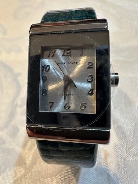 Reloj Vernier Vintage Bisagras 6" Puño Damas Verde Piel Serpiente Banda Acento Plateado Foto 2 de 4
