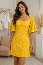Finders Keepers Yellow Mini Dress Size L US 8 Puff Sleeve Button Front Floral