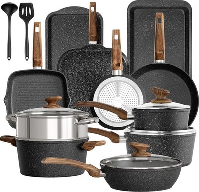 Antihaftbeschichtetes Töpfe und Pfannen Set, 17 Stück Granitbeschichtet Küche Kochgeschirr Set - Schwarz