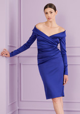 TALBOT RUNHOF sz 10 Cobalt Blue Stretch Satin Duchesse Cocktail Dress