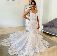 Spaghetti Strap Boho Mermaid Wedding Dress Lace Beach Wedding Dress Open Back