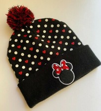 Disney Minnie Mouse Pompom Winter Hat Beanie Cap Black w/Red  White Polka Dots