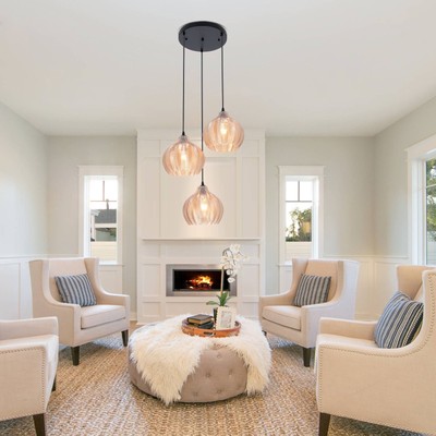 Vintage Plug-In Pendant Light Fixture With Amber Glass Shade - Adjustable Cord For Kitchen Island, Dining Room