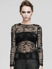 Diablo Moda Rock Mujeres Manga Larga Negro Calavera Malla Gótico Top Punk Camisa Blusa