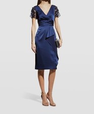  365 Aidan Mattox Women's Blue Satin Beaded V-Neck Sheath Dress Size US10