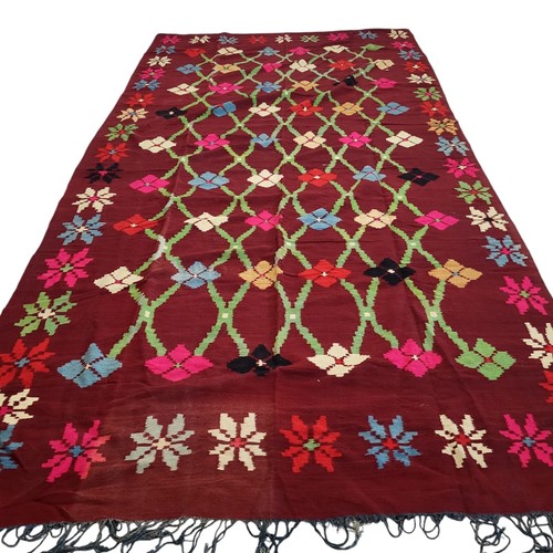 Vintage Moroccan Rug Handmade Fringe Maroon Wool Geometric Floral Design Carpet - Picture 4 of 24