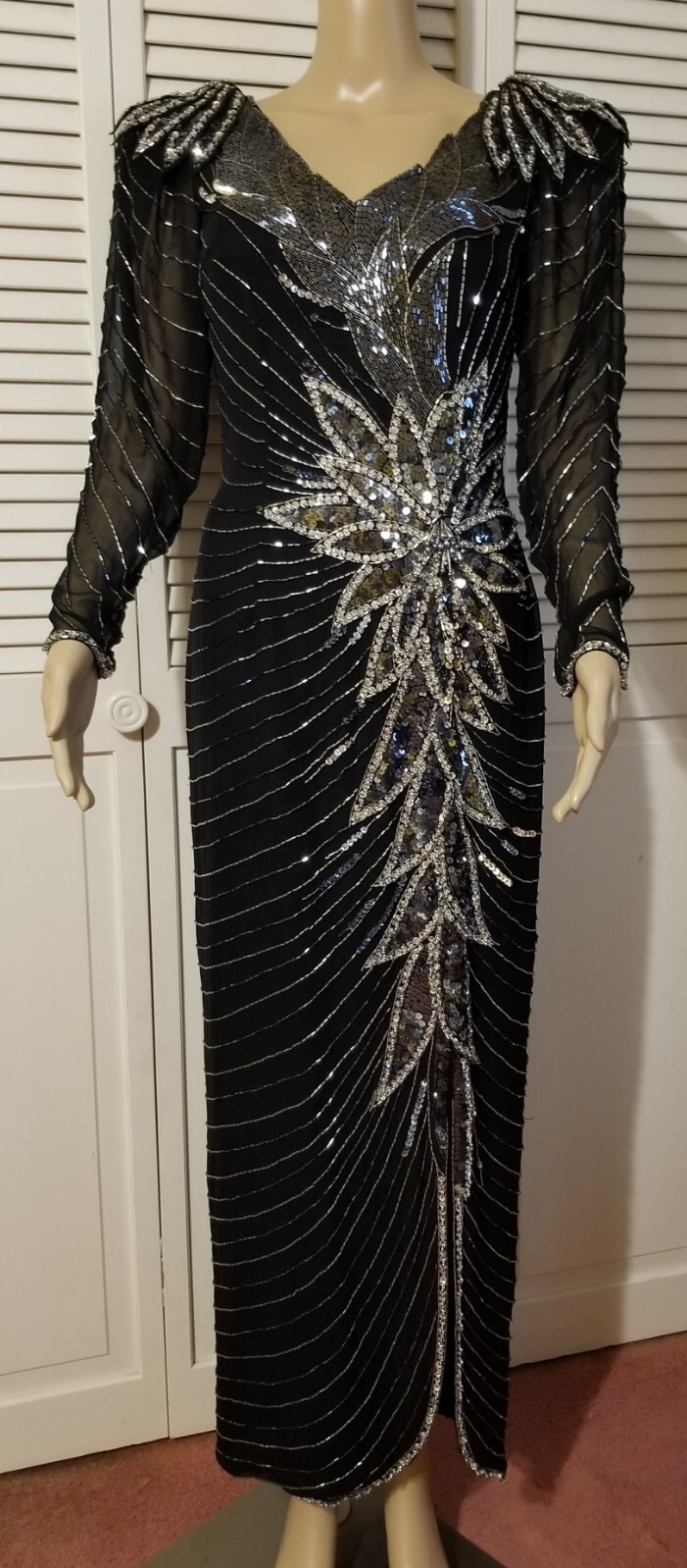 Vintage 80's Black Tie Oleg Cassini Size Sequined Evening Dress