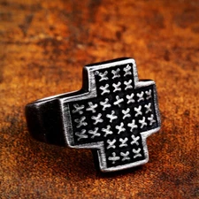 Gothic Retro Gray Cross Ring Men's Stainless Steel Vintage Cross Biker Punk Ring