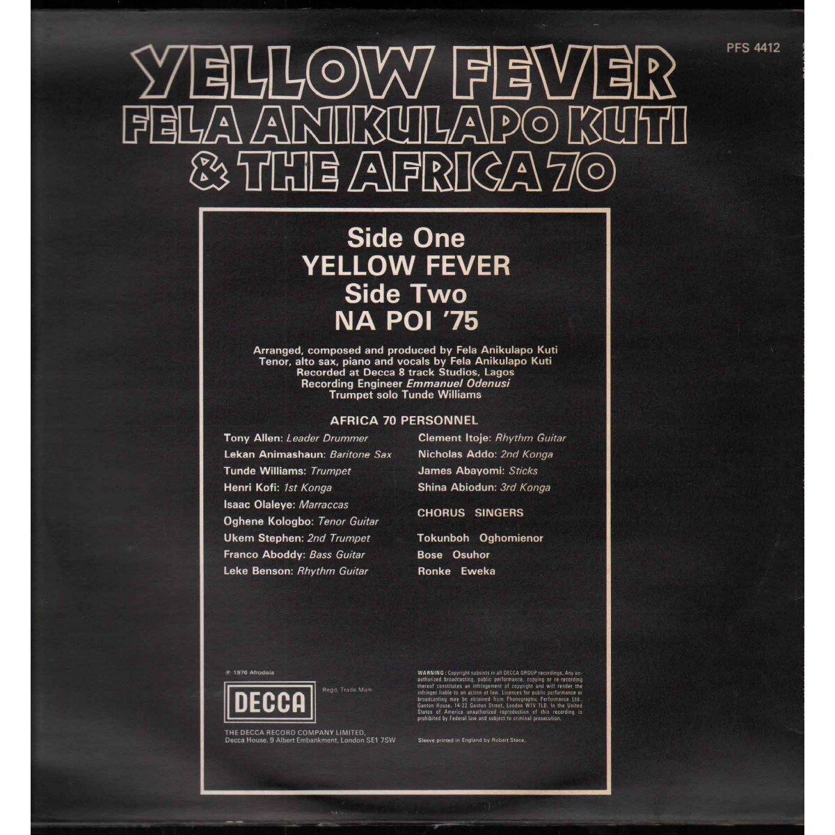 Fela Anikulapo Kuti & The Afrika 70 Lp Yellow Fever / Decca Phase
