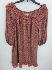 Max Studio Dress Womens Medium Maroon Floral Ruffled Balloon Sleeve Boho Peasant