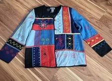 Indigo Moon Embroidered Beaded Jacket Women's Size Medium Color Block Eclectic