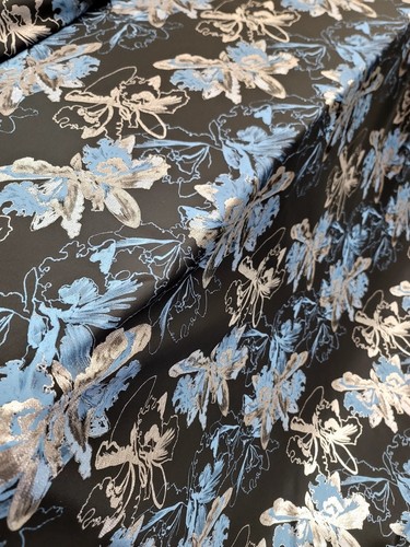 Silver Blue Floral Brocade Fabric Sold By The Yard Black Background For Dress - Picture 10 of 10