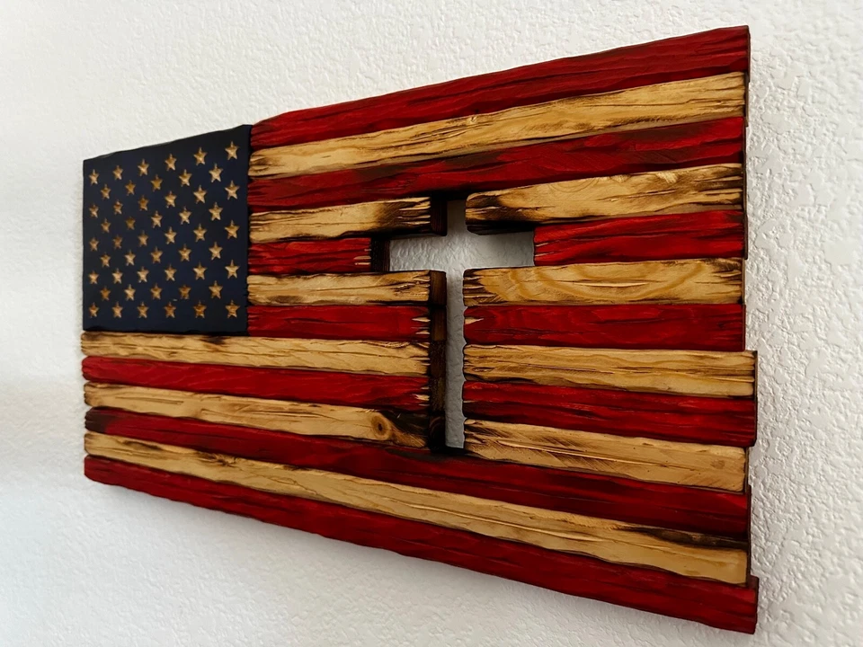 Handmade Rustic Wooden American Flag with Cross 10" x 18" - Image 2 of 4