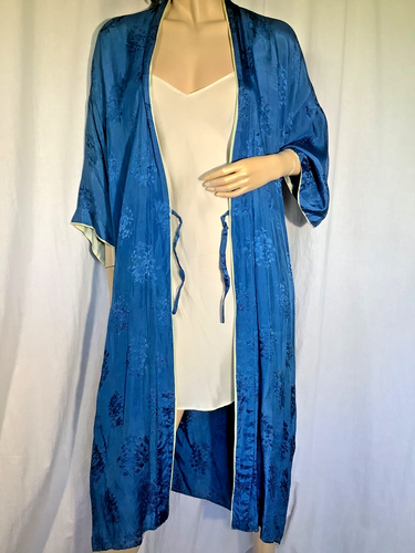 Bata Brocado Azul Vintage Años 20 Asiático Rayón Kimono Chaqueta M Seda Ribete Envoltura Midi - Imagen 15 de 15