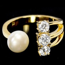 925 STERLING SILVER AAA WHITE PEARL ROUND CABOCHON CZ AJUSTABLE RING 7.25-8