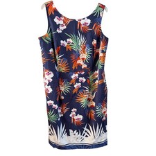 Talbots Womens Sheath Dress Blue Orange Floral Stretch Pleated Scoop Neck 14W