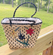 Wicker Basket Purse with Braided Handles Floral Accents Lined 100 Cotton