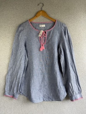 Gap Top Womens MT Blue Linen Blend Tasseled Beach Resort Boho Vacation NWT