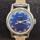 Vintage Timex Chrome Plated Blue Dial Mechanical Mens Watch USA Stretch Band
