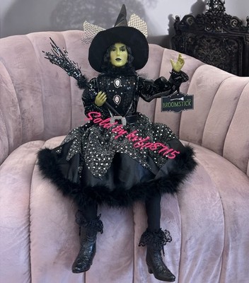 25  Green Face Halloween Witch in Black Sequence Dress W/Broom Posable Sitting