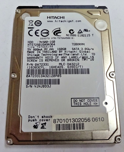 HITACHI *HTS725016A9A364* 160 GB * SATA HDD Notebook 2,5 Zoll #NFP1670