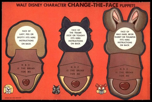1950s Walt Disney Change the Face Puppets Bread Label Unpunched Sheet *Y3498
