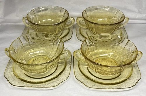 Set of 4 Federal Glass Madrid Depression 2 Handled Cream Soup Bowls with Saucers