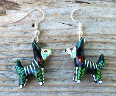 Day of the Dead Skeleton Dog Earrings Clay Handmade Hand Painted MexicoFolk Art
