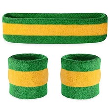 Striped Sweatband Set, Moisture Wicking 2 Wristbands and 1 Green Yellow Green