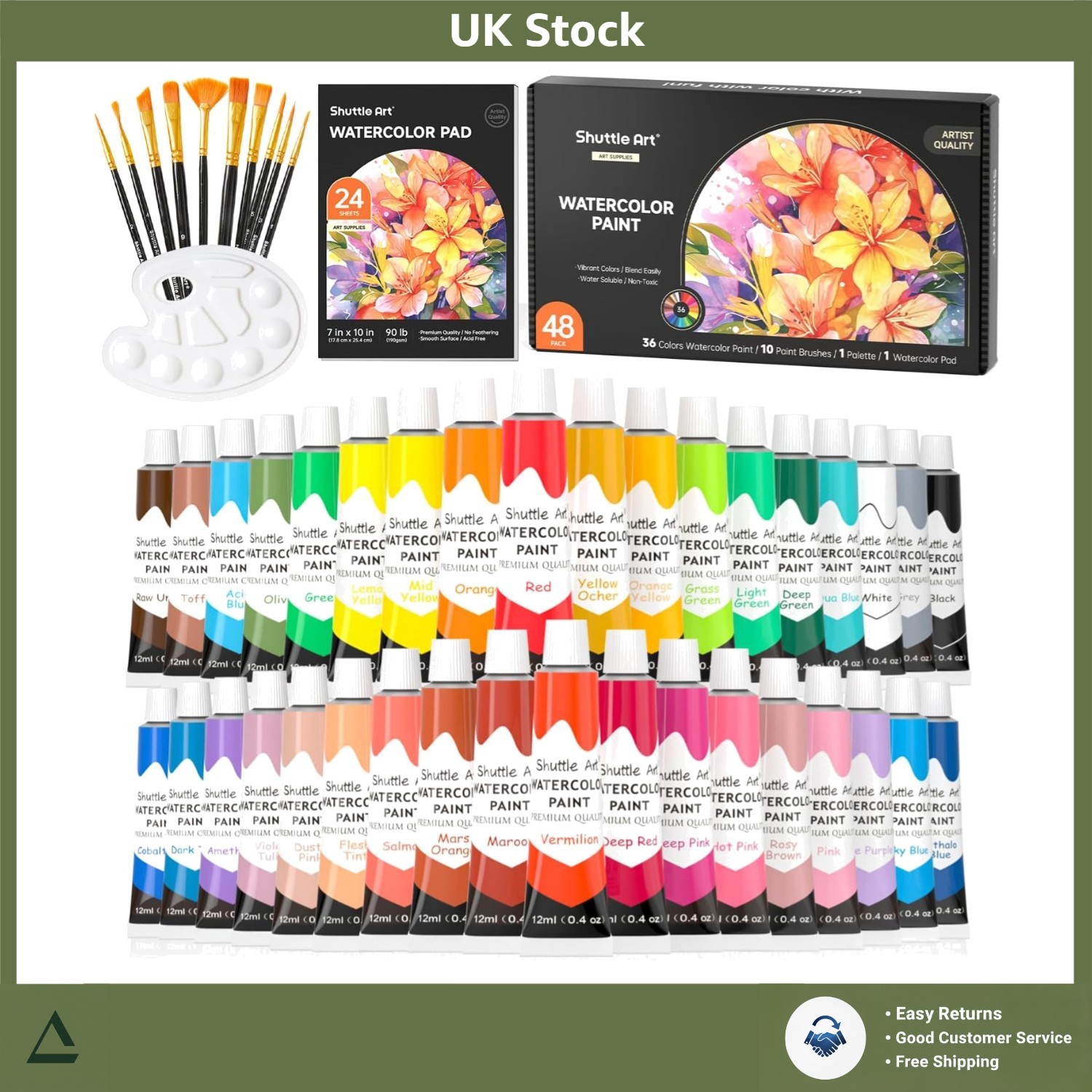 Vibrant Artist Watercolour Paint Set 36 Tubes 10 Brushes Pad Palette 48 Pack