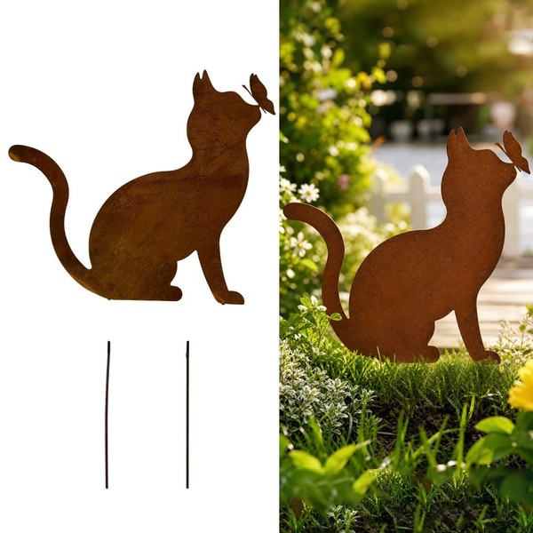 Gartenstecker Katze Schmetterling Metall Rostoptik Deko Terrasse Balkon 45 Cm-image